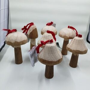 Place & Time Wooden Mushroom Christmas Ornaments Set Of 7 Rustic Decor Holiday